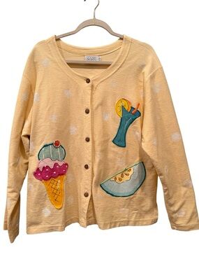 Whimsical Hand Painted Button Down Top Ice Cream & Fruit Designs Unique Summer L